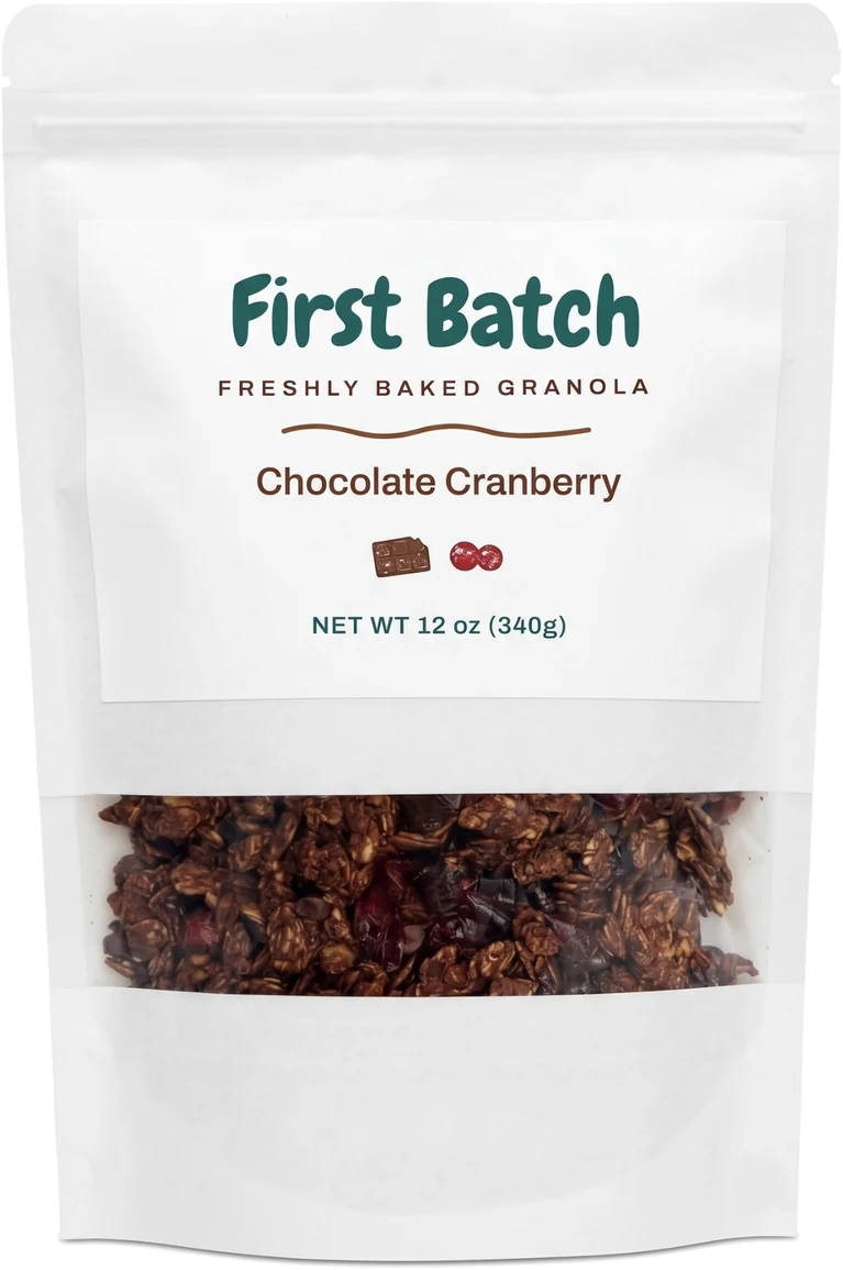 A bag of First Batch Chocolate Cranberry granola