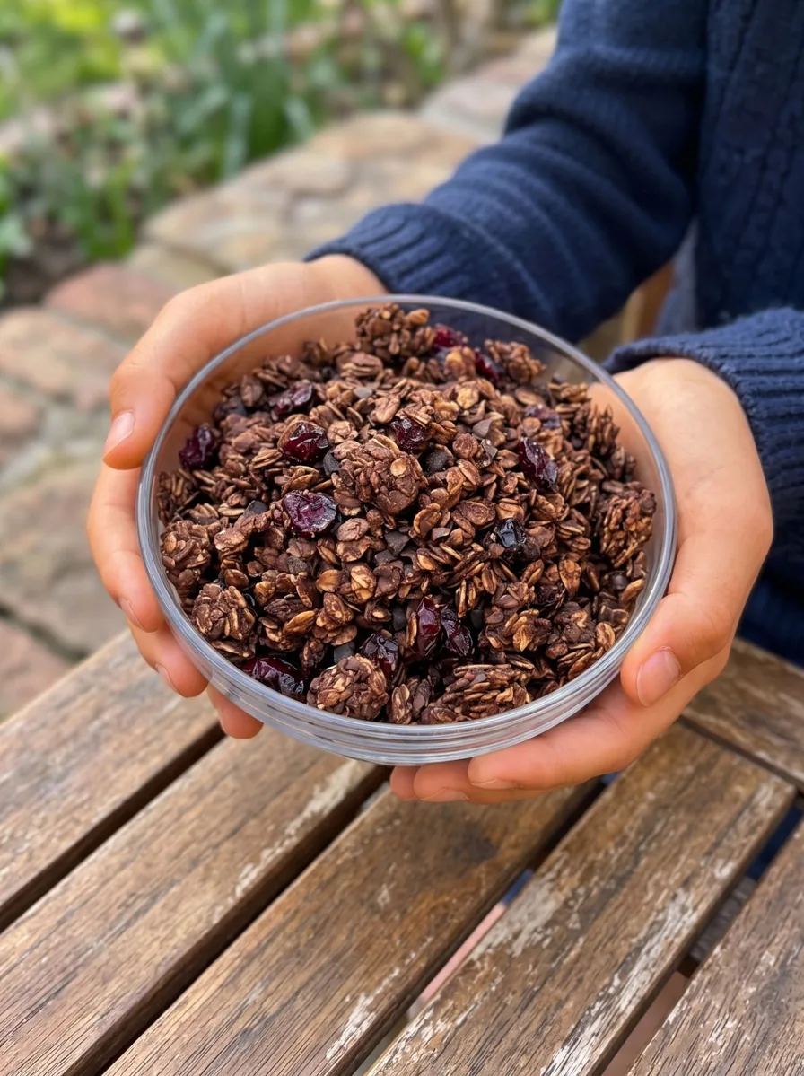 Hands holding a glass bowl of Chocolate Cranberry granola