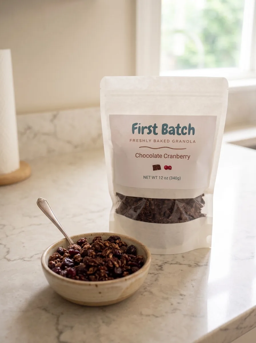A bag of Chocolate Cranberry granola on a marble counter next to a bowl of granola