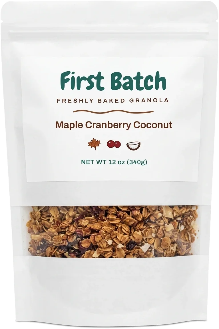 A bag of First Batch Maple Cranberry Coconut granola