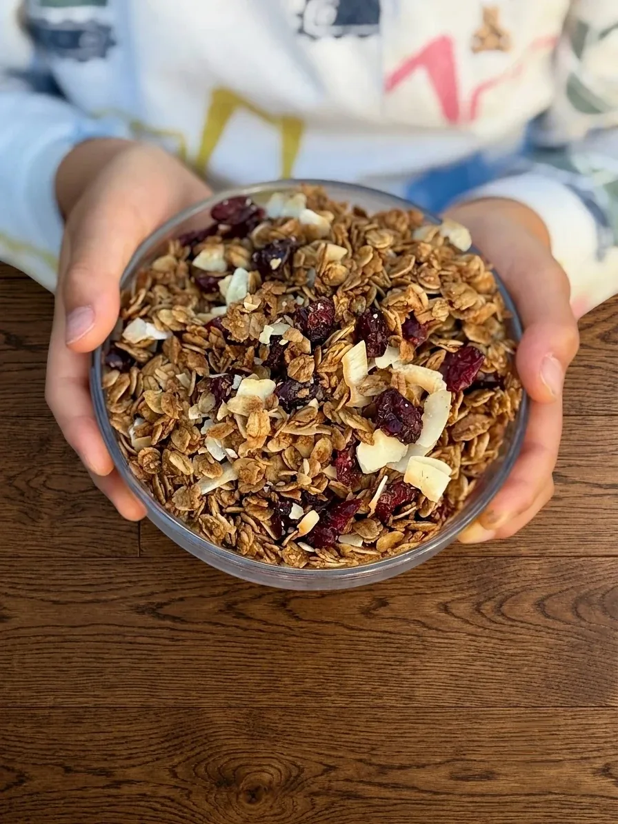 Ansel holding a bowl of Maple Cranberry Coconut granola