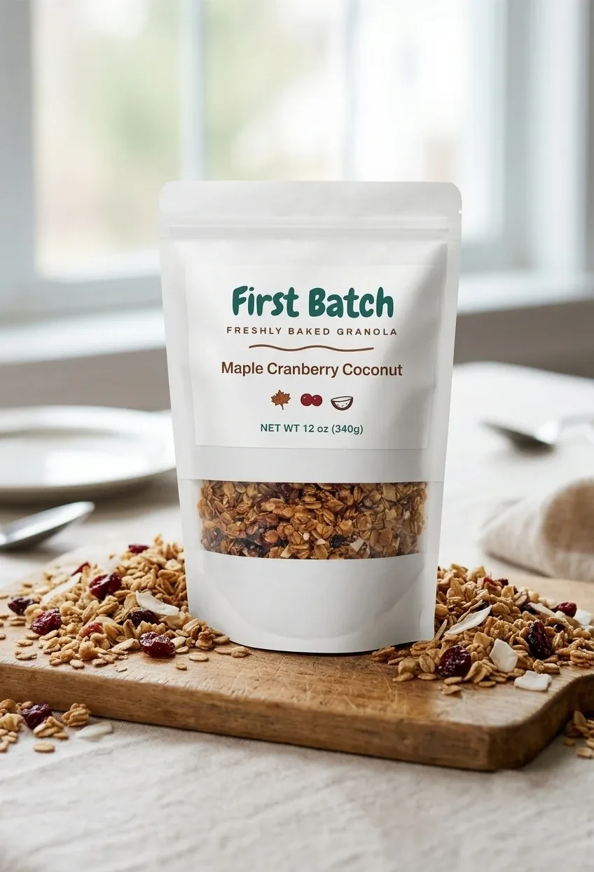 The granola bag on a wooden board surrounded by granola, cranberries and coconut flakes